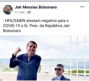 Redes sociais do presidente Bolsonaro NEGAM exame positivo para Coronavírus