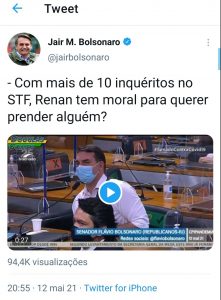 Bolsonaro pergunta nas redes sociais se com vários inquéritos no STF Renan tem moral para querer prender alguém