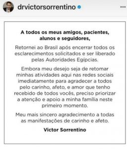 Victor Sorrentino agradece apoio via redes sociais. Assessoria garante que médico voltou ao Brasil sem nenhum tipo de punição pelos egípcios