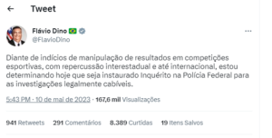 Ministro da Justiça e Segurança Pública, Flávio Dino se pronuncia no TWITTER sobre o escândalo de manipulação de apostas